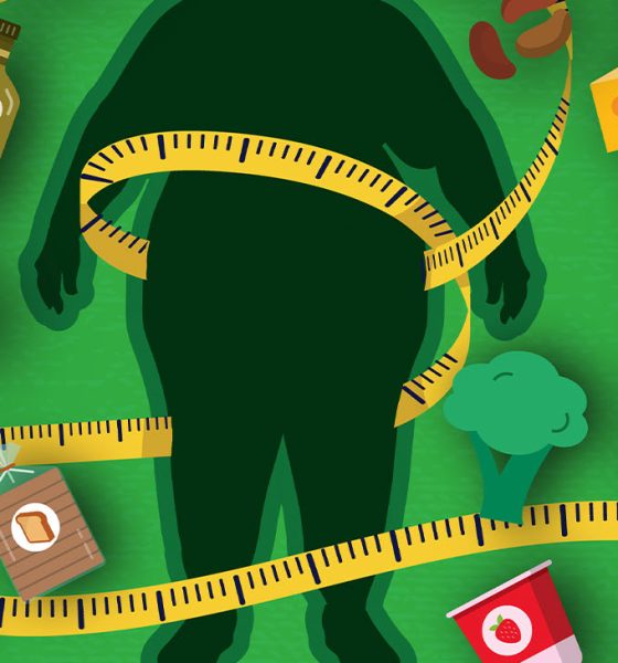Vector illustration of Healthy eating and food weight loss concept with silhouette of obese person losing weight with measuring tape and vibrant colors. Weight loss and diabetes. Includes editable vector eps and high resolution jpg.