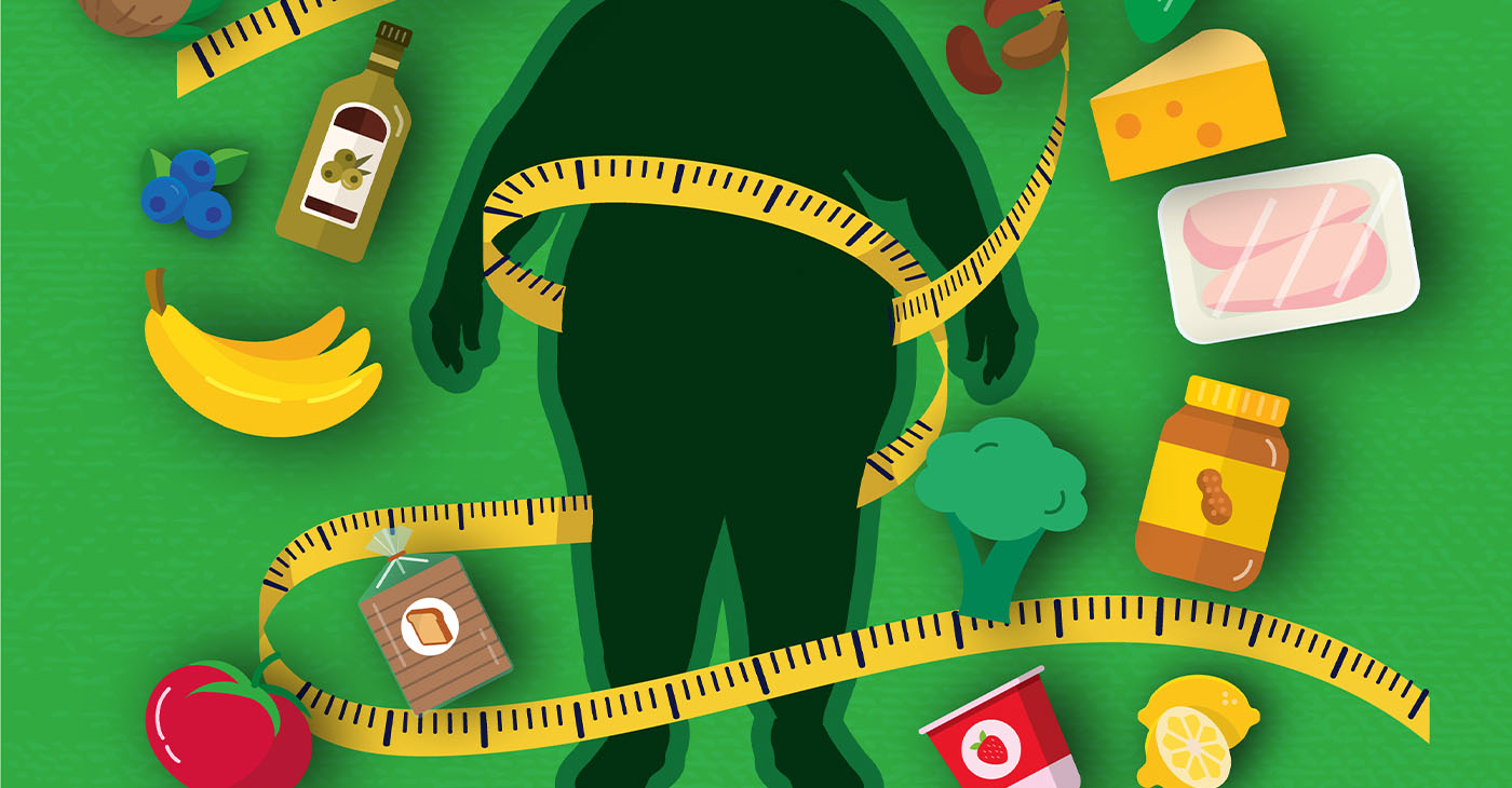 Vector illustration of Healthy eating and food weight loss concept with silhouette of obese person losing weight with measuring tape and vibrant colors. Weight loss and diabetes. Includes editable vector eps and high resolution jpg.