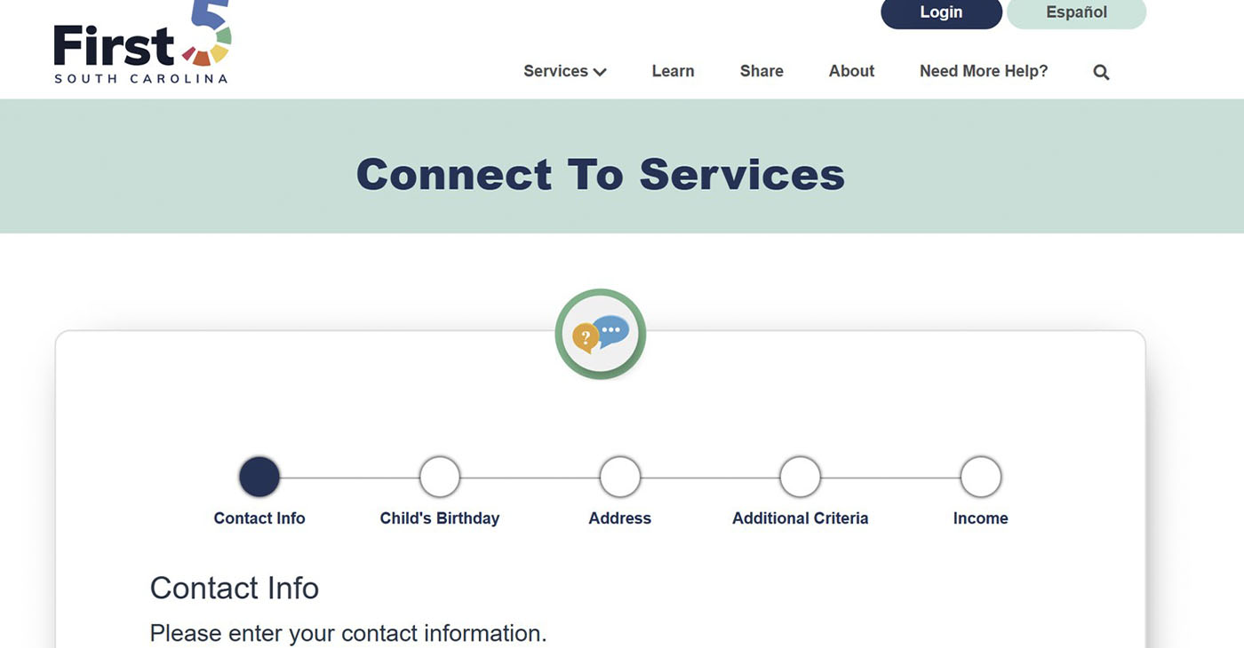 A screen grab of the home page of South Carolina’s First Five SC portal, which is a “one-stop shop” that allows South Carolina families to learn about and apply for more than 40 public services.