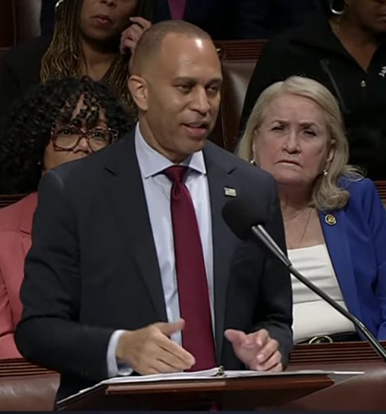 House Minority Leader Hakeem Jeffries delivers marathon speech amid GOP budget bill debate. Photo: Screen capture MSNBC on Youtube.