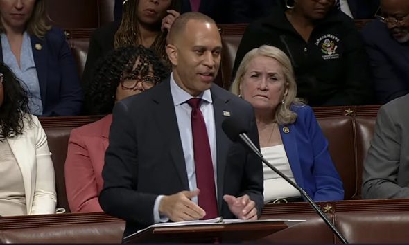 House Minority Leader Hakeem Jeffries delivers marathon speech amid GOP budget bill debate. Photo: Screen capture MSNBC on Youtube.