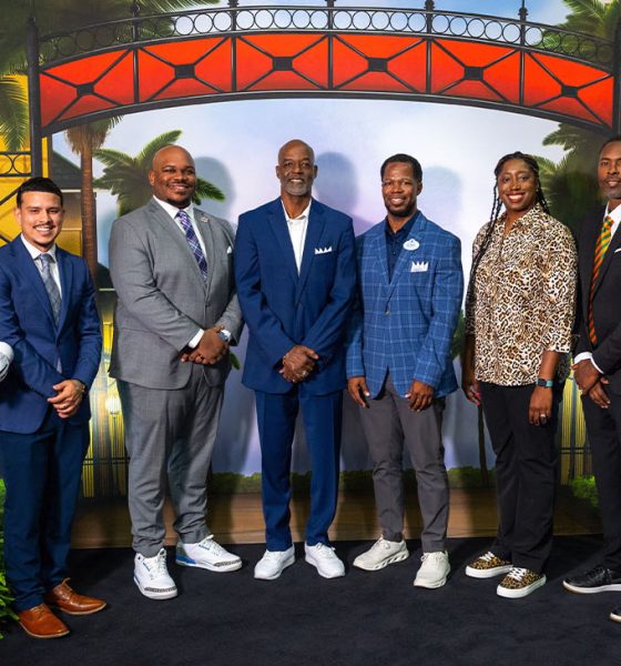 Coaches and representatives from Historically Black Colleges and Universities, including Heisman Trophy winner Charlie Ward (FAMU), announce the new HBCU Hoops Invitational coming to Walt Disney World Resort in Florida. The new event, featuring men's and women's college basketball teams from HBCU programs is Dec. 4-7 at ESPN Wide World of Sports Complex. (Bennett Stoops, photographer)