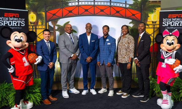 Coaches and representatives from Historically Black Colleges and Universities, including Heisman Trophy winner Charlie Ward (FAMU), announce the new HBCU Hoops Invitational coming to Walt Disney World Resort in Florida. The new event, featuring men's and women's college basketball teams from HBCU programs is Dec. 4-7 at ESPN Wide World of Sports Complex. (Bennett Stoops, photographer)