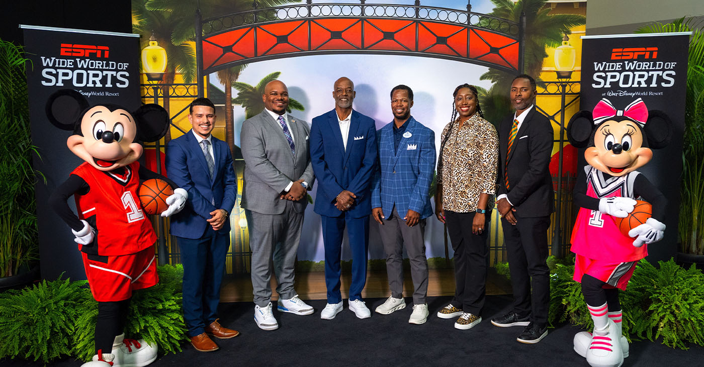 Coaches and representatives from Historically Black Colleges and Universities, including Heisman Trophy winner Charlie Ward (FAMU), announce the new HBCU Hoops Invitational coming to Walt Disney World Resort in Florida. The new event, featuring men's and women's college basketball teams from HBCU programs is Dec. 4-7 at ESPN Wide World of Sports Complex. (Bennett Stoops, photographer)