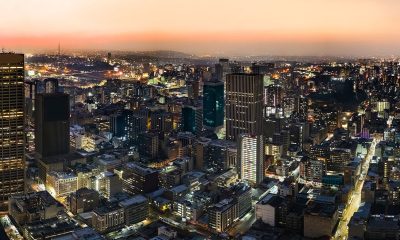 Johannesburg city centre metropolitan cityscape at sunset with its urban skyline.