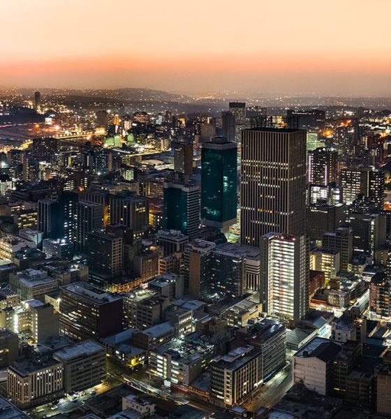 Johannesburg city centre metropolitan cityscape at sunset with its urban skyline.