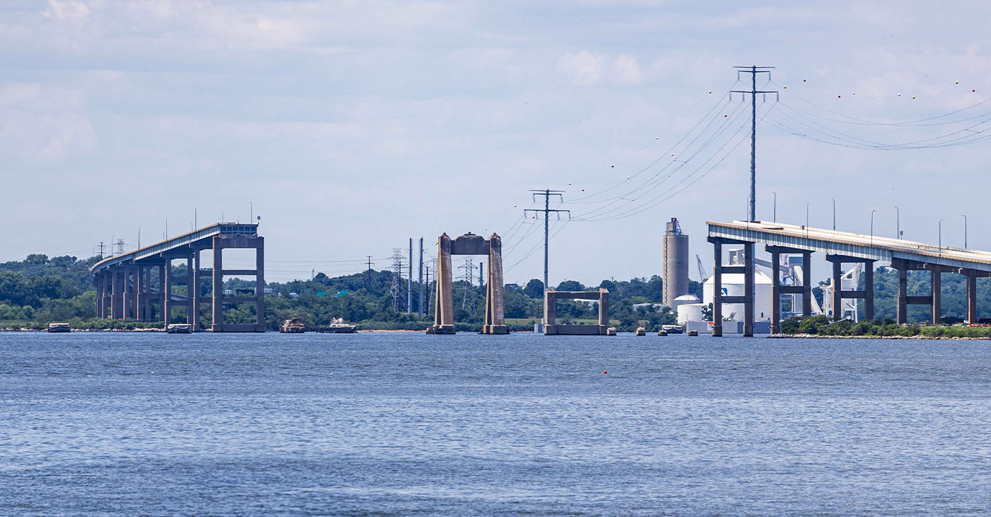 Picture of the Baltimore Key Bridge demolition and removal on 07 27 2024 showing empty spaces where the bridge and its wreckage used to be (Photo by James Radja)