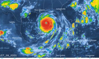Precipitation Weather Map of the Hurricane Katrina over the Gulf of Mexico on August 28, 2005. All source data is in the public domain. Made with data courtesy from Goddard Earth Sciences Data and Information Services Center (GES DISC), NOAA. NCEP/CPC L3 Half Hourly 4km Global Merged IR V1. Countries and Boundaries: Made with Natural Earth.