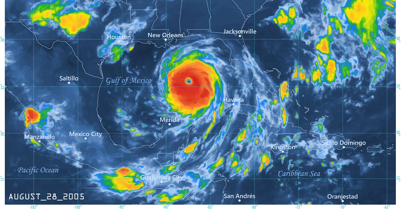 Precipitation Weather Map of the Hurricane Katrina over the Gulf of Mexico on August 28, 2005. All source data is in the public domain. Made with data courtesy from Goddard Earth Sciences Data and Information Services Center (GES DISC), NOAA. NCEP/CPC L3 Half Hourly 4km Global Merged IR V1. Countries and Boundaries: Made with Natural Earth.