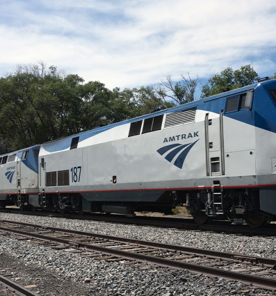 Lamy, United States - September 8, 2015:The eastbound Amtrak Southwest Chief passenger train at Lamy, New Mexico, USA. The train has travelled overnight from Los Angeles and is heading for Chicago. The train is powered by a pair of GE P42DC, numbers 187 and 198, and a single EMD F59PHI locomotive, number 455, all diesels. This train, and its westbound counterpart, are the only two trains to traverse this route per day as it has no freight service. Unidentified crew.