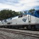 Lamy, United States - September 8, 2015:The eastbound Amtrak Southwest Chief passenger train at Lamy, New Mexico, USA. The train has travelled overnight from Los Angeles and is heading for Chicago. The train is powered by a pair of GE P42DC, numbers 187 and 198, and a single EMD F59PHI locomotive, number 455, all diesels. This train, and its westbound counterpart, are the only two trains to traverse this route per day as it has no freight service. Unidentified crew.