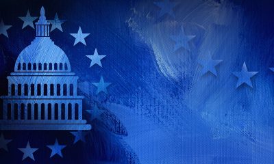 Graphic illustration of iconic American Capitol dome and simple ring of stars on abstract oil paint background. Conceptual graphic for political themed usage.