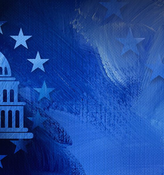 Graphic illustration of iconic American Capitol dome and simple ring of stars on abstract oil paint background. Conceptual graphic for political themed usage.