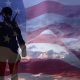Silhouette of a soldier with USA flag against the sunset