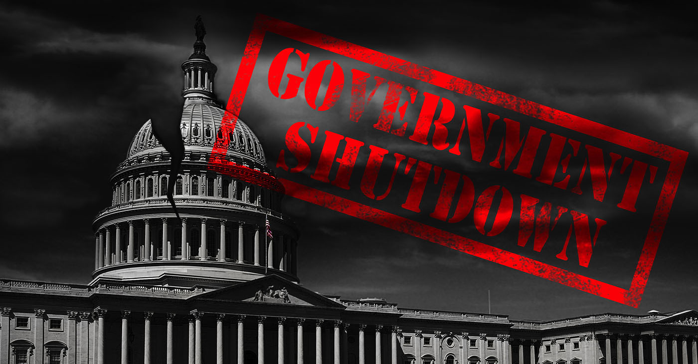 The United States capitol building with a crack and red Government Shutdown stamp