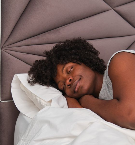 Happy young woman sleeping on white sheets in bed in a room with a plant. Resting asleep.