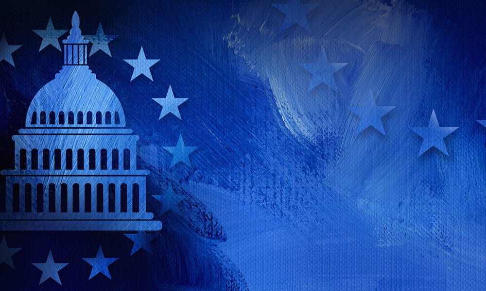 Graphic illustration of iconic American Capitol dome and simple ring of stars on abstract oil paint background. Conceptual graphic for political themed usage.