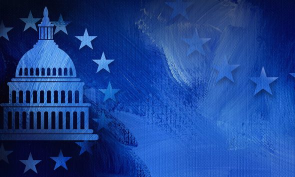 Graphic illustration of iconic American Capitol dome and simple ring of stars on abstract oil paint background. Conceptual graphic for political themed usage.