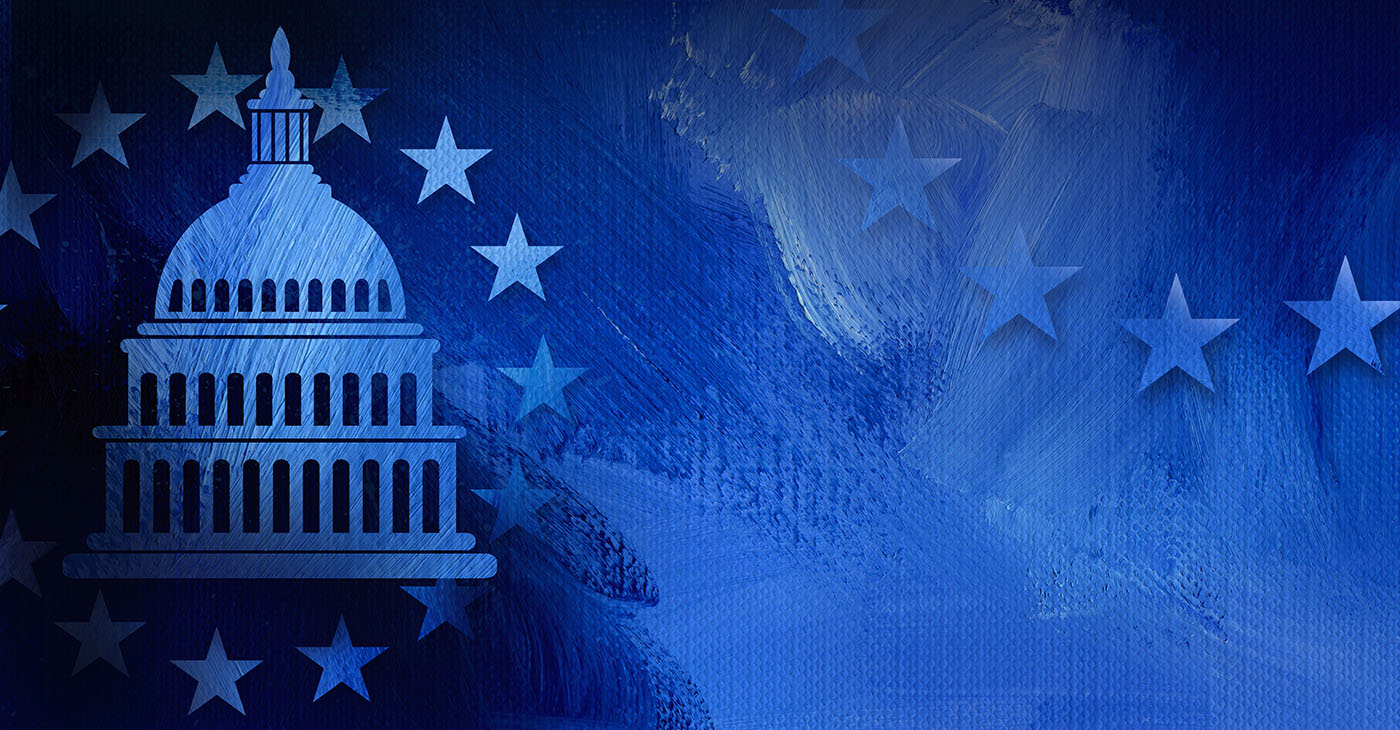 Graphic illustration of iconic American Capitol dome and simple ring of stars on abstract oil paint background. Conceptual graphic for political themed usage.