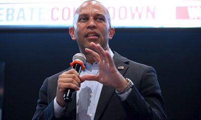 House Minority Leader Hakeem Jeffries speaking with supporters at a vice presidential debate watch party at Yumbar in Phoenix, Arizona. (Wikimedia Commons / photo by Gage Skidmore)