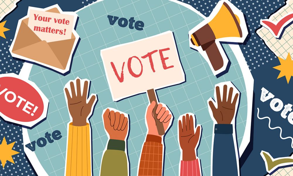 Election campaign. Vote banner. Democracy vote. Voting concept. Trendy collage. (Photo by Iuliia Anisimova)