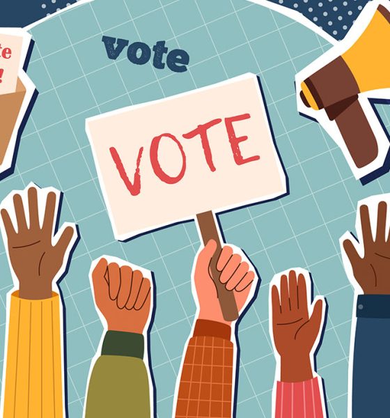 Election campaign. Vote banner. Democracy vote. Voting concept. Trendy collage. (Photo by Iuliia Anisimova)