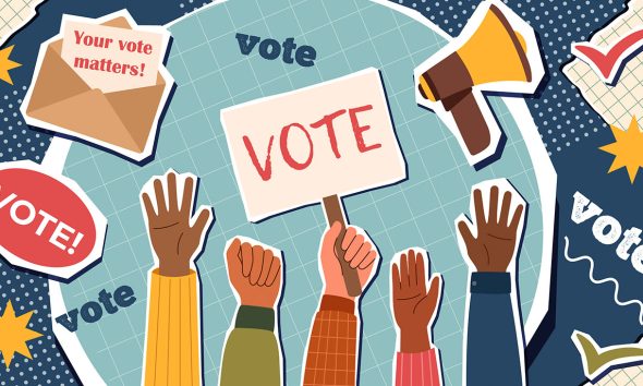 Election campaign. Vote banner. Democracy vote. Voting concept. Trendy collage. (Photo by Iuliia Anisimova)