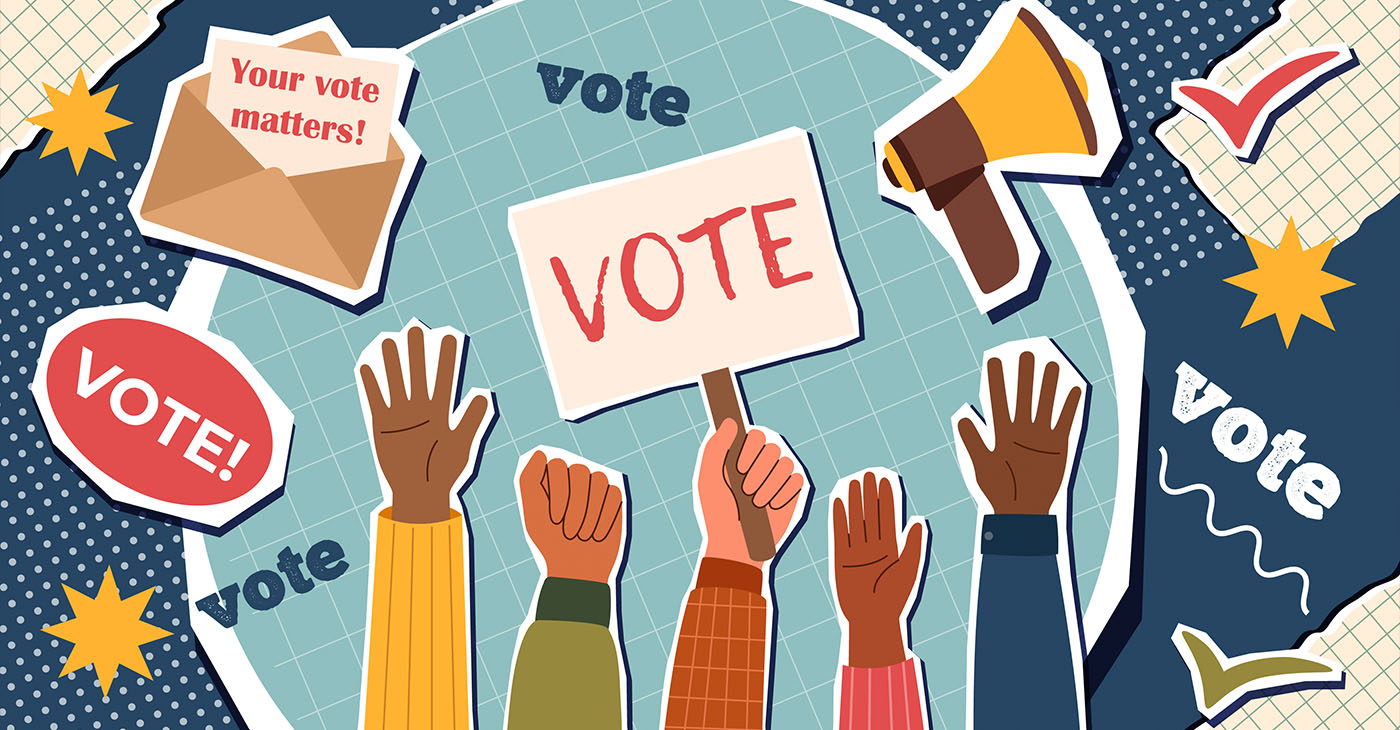 Election campaign. Vote banner. Democracy vote. Voting concept. Trendy collage. (Photo by Iuliia Anisimova)