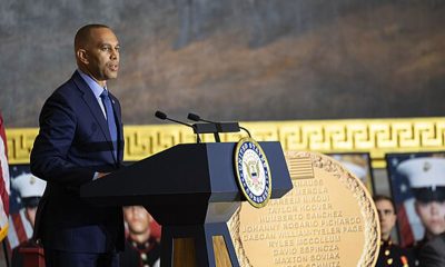 Democratic Leader of the U.S. House of Representatives, Hakeem S. Jeffries, gives remarks at a Congressional Medal of Honor Ceremony in honor of the thirteen servicemembers who lost their lives on August 26, 2021 while stationed at Hamid Karzai International Airport in Kabul, Afghanistan. Family members accepted the medal while their servicemembers name was spoken aloud in the Rotunda of the United States Capitol on September 10, 2024. U.S. Army photo by Staff Sgt. Brittany Primavera. (Wikimedia Commons/ Photo by U.S.armyband)