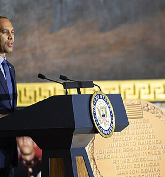 Democratic Leader of the U.S. House of Representatives, Hakeem S. Jeffries, gives remarks at a Congressional Medal of Honor Ceremony in honor of the thirteen servicemembers who lost their lives on August 26, 2021 while stationed at Hamid Karzai International Airport in Kabul, Afghanistan. Family members accepted the medal while their servicemembers name was spoken aloud in the Rotunda of the United States Capitol on September 10, 2024. U.S. Army photo by Staff Sgt. Brittany Primavera. (Wikimedia Commons/ Photo by U.S.armyband)