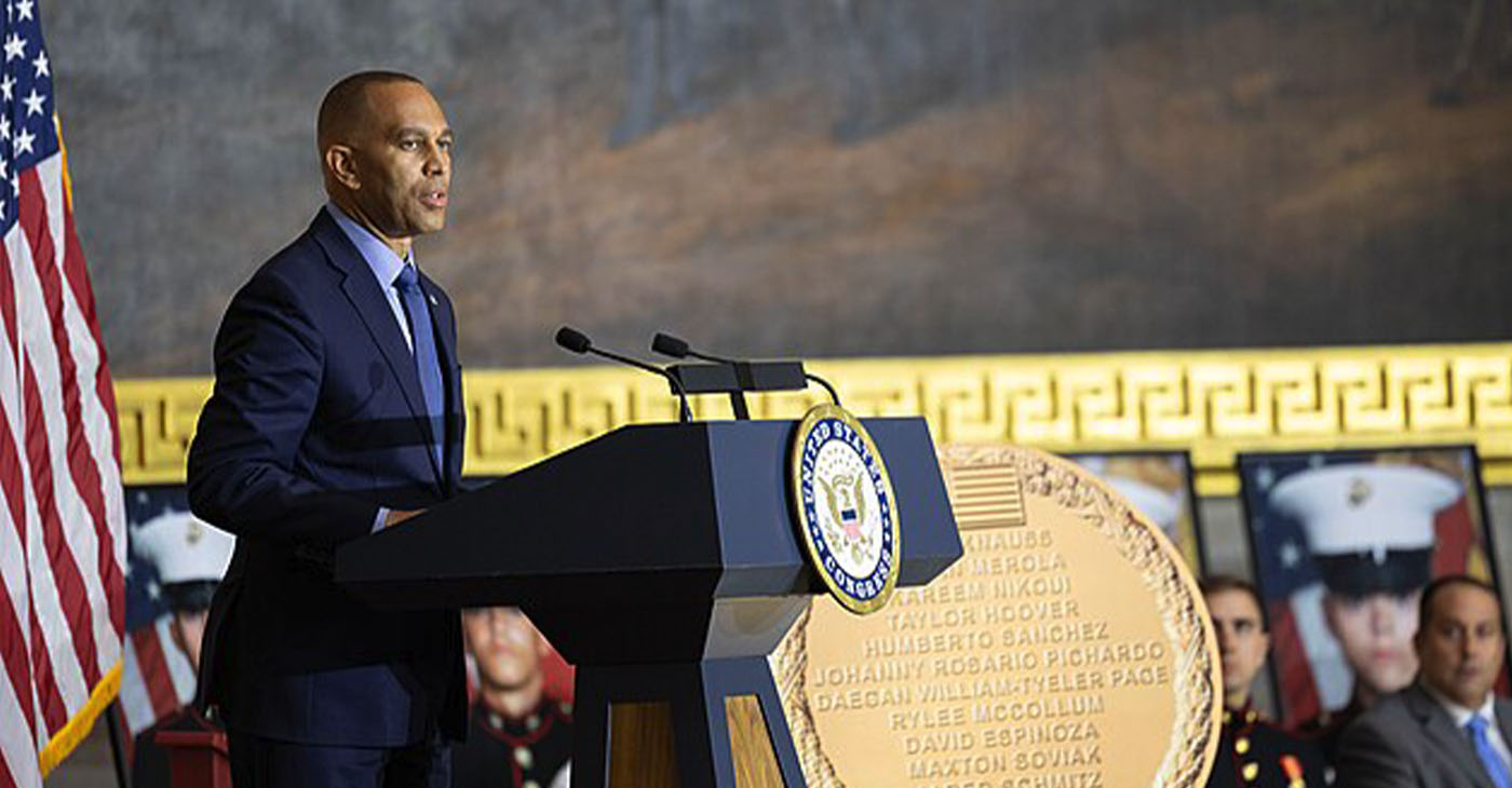 Democratic Leader of the U.S. House of Representatives, Hakeem S. Jeffries, gives remarks at a Congressional Medal of Honor Ceremony in honor of the thirteen servicemembers who lost their lives on August 26, 2021 while stationed at Hamid Karzai International Airport in Kabul, Afghanistan. Family members accepted the medal while their servicemembers name was spoken aloud in the Rotunda of the United States Capitol on September 10, 2024. U.S. Army photo by Staff Sgt. Brittany Primavera. (Wikimedia Commons/ Photo by U.S.armyband)