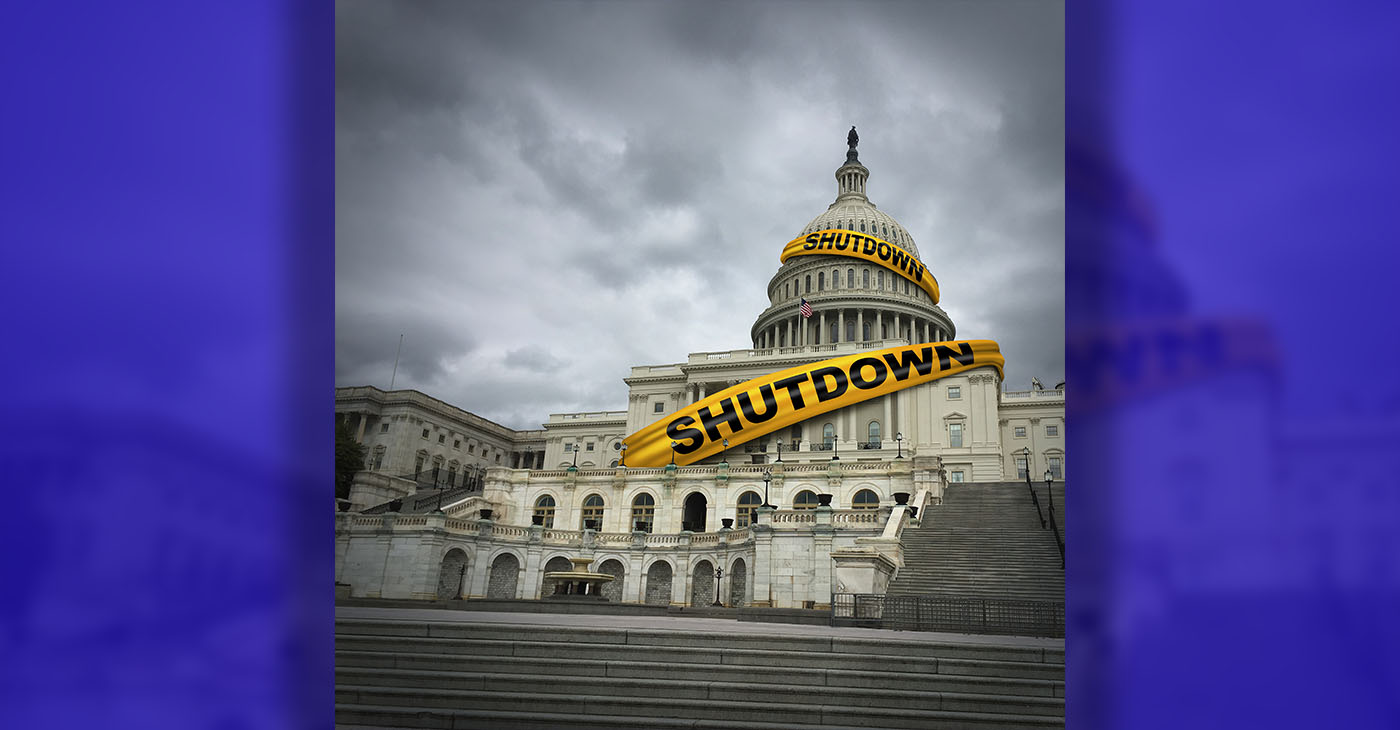 USA shutdown and United States government closed and american federal shut down due to spending bill disagreement between the left and the right pas a national finance symbol with yellow hazard tape in a 3D illustration style.