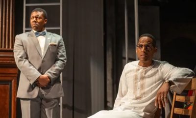 Jonathan Del Palmer as Marc Anthony and Brandon Carter as Julius X in “Julius X,” running at Folger Shakespeare Theatre until Oct. 26 (Courtesy of Erika Nizborski)