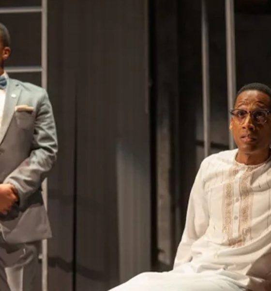 Jonathan Del Palmer as Marc Anthony and Brandon Carter as Julius X in “Julius X,” running at Folger Shakespeare Theatre until Oct. 26 (Courtesy of Erika Nizborski)
