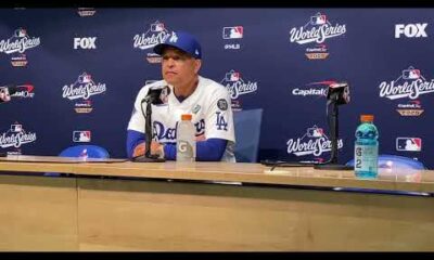 Dave Roberts celebrates Dodgers' World Series Game 3 victory