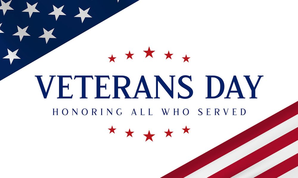 Veterans Day banner with USA flag. Honoring all who served. Vector illustration.