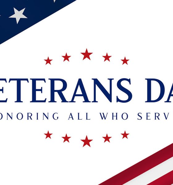 Veterans Day banner with USA flag. Honoring all who served. Vector illustration.