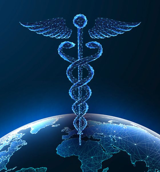 Global healthcare concept with glowing Caduceus symbol above Earth on dark blue background. Innovation, medical technology, health services, worldwide support. Futuristic style vector illustration.