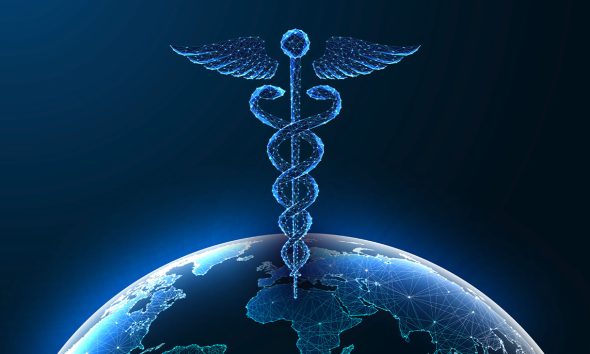 Global healthcare concept with glowing Caduceus symbol above Earth on dark blue background. Innovation, medical technology, health services, worldwide support. Futuristic style vector illustration.