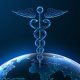Global healthcare concept with glowing Caduceus symbol above Earth on dark blue background. Innovation, medical technology, health services, worldwide support. Futuristic style vector illustration.