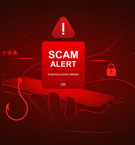 Vector illustration of smartphone scam alert with hacker, phishing, malware, and cybercrime. Ideal for fraud prevention, mobile threats, and digital safety.
