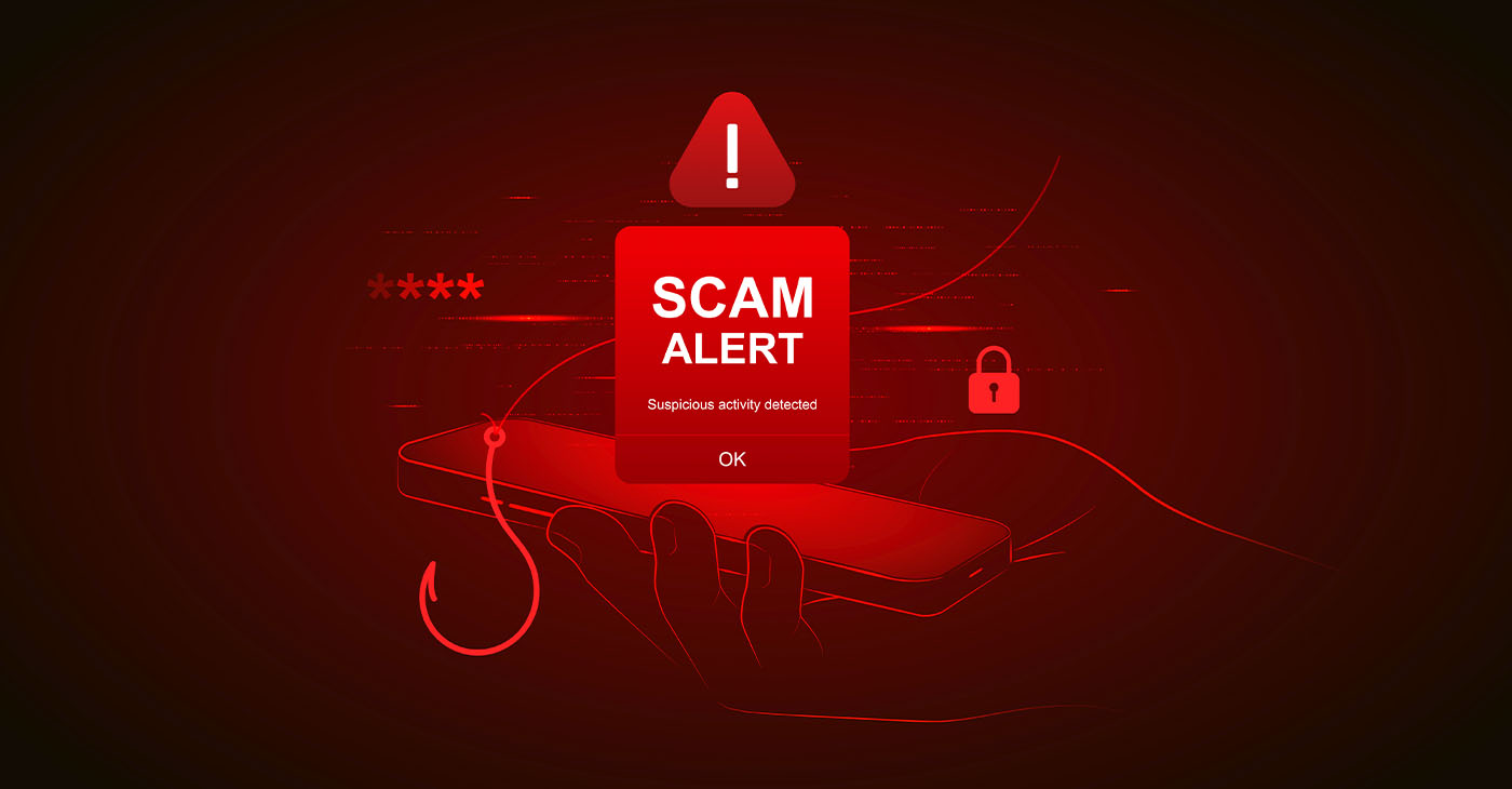 Vector illustration of smartphone scam alert with hacker, phishing, malware, and cybercrime. Ideal for fraud prevention, mobile threats, and digital safety.