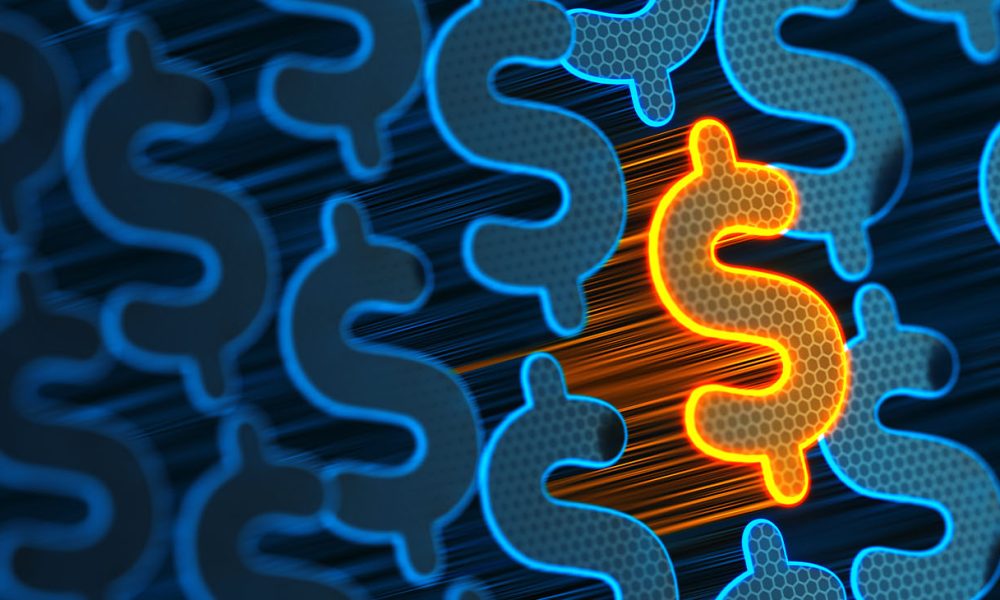 Stand out from the crowd. Yellow Unique Dollar sign. Profit and money. Financial and business 3d illustration