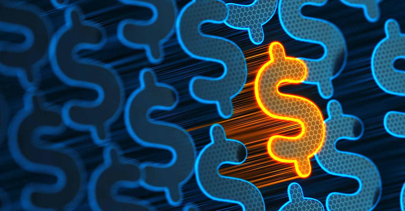 Stand out from the crowd. Yellow Unique Dollar sign. Profit and money. Financial and business 3d illustration