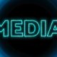 Neon blue circles with word media glowing on a dark background.