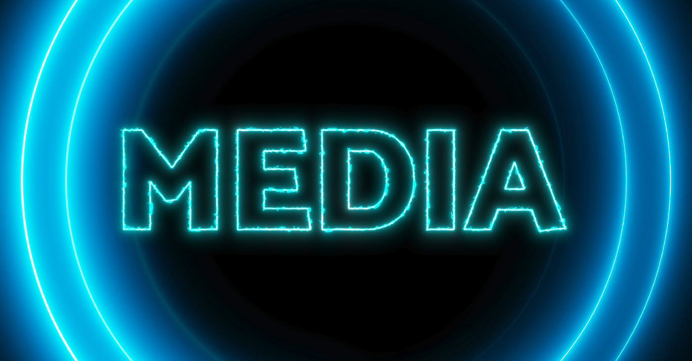 Neon blue circles with word media glowing on a dark background.
