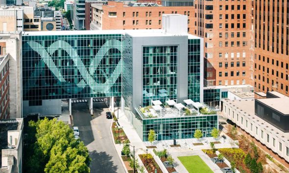 The new Altec/Styslinger Genomic Medicine and Data Sciences Building presents a striking contrast from its former life as Lyons-Harrison Faculty Office Tower. (UAB)