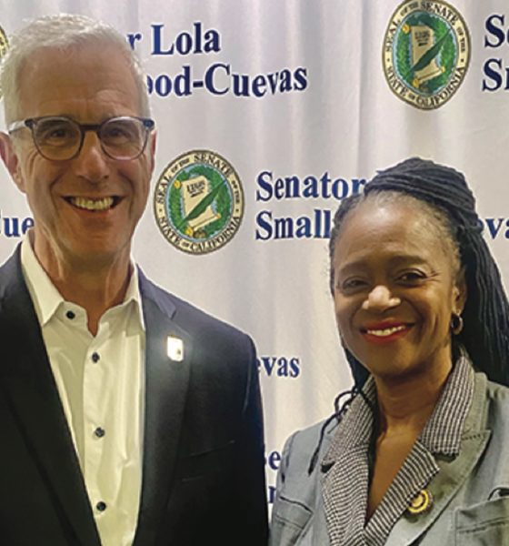 Reynold Hoover, LA28 Chief Executive Officer, is pictured with Senator Lola Smallwood-Cuevas at a Workforce & Procurement Symposium she hosted for South LA community stakeholders.
