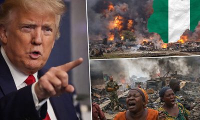 Composite featuring U.S. President Donald Trump and scenes of crisis in Nigeria.