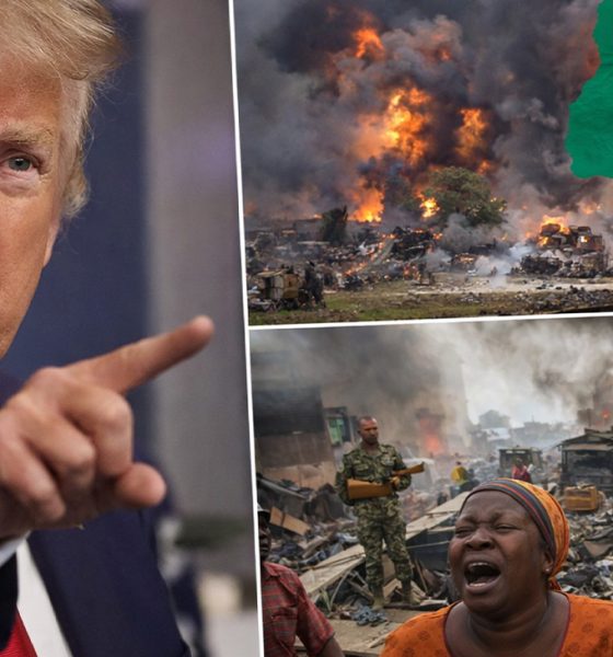 Composite featuring U.S. President Donald Trump and scenes of crisis in Nigeria.